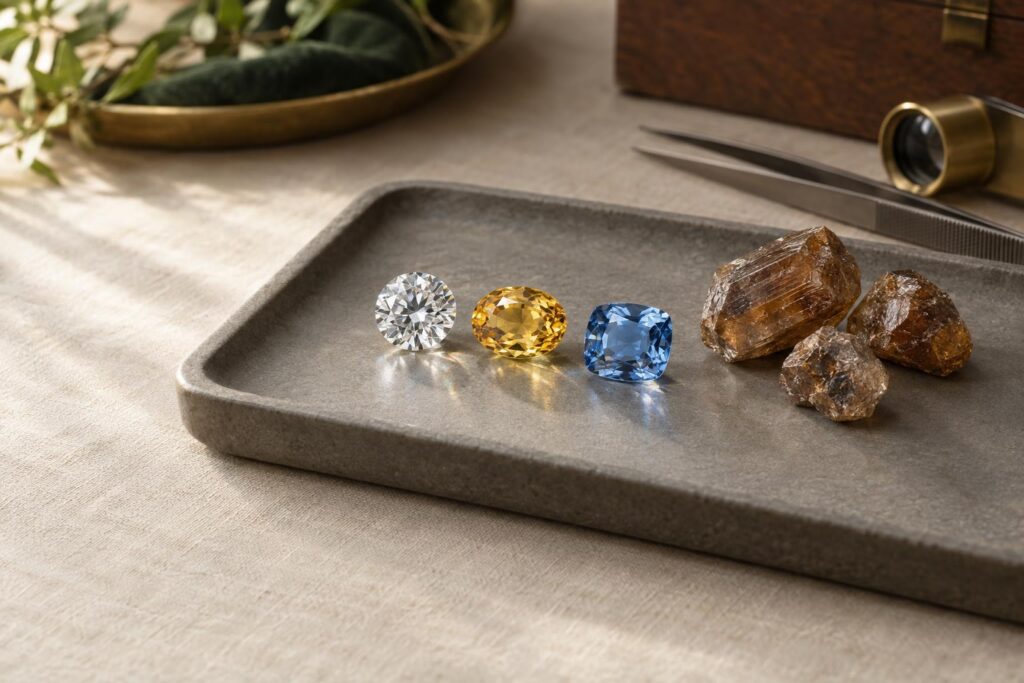 Colourless, golden and blue zircons beside rough brown zircon crystals