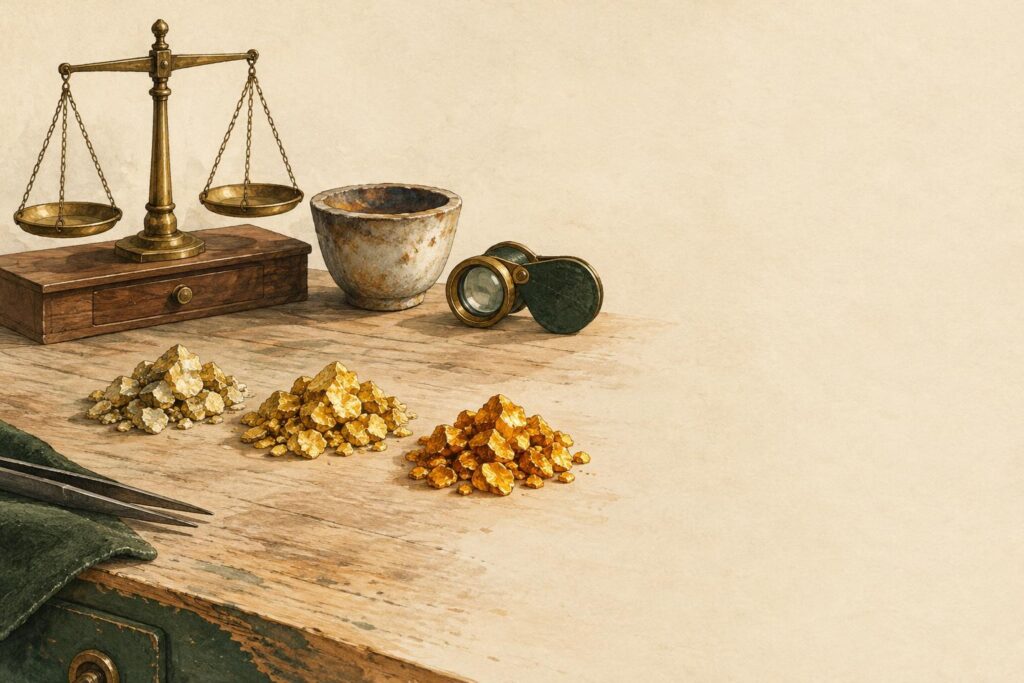 Three gold samples in increasing purity displayed on a jeweller's bench with testing tools, showing colour differences.