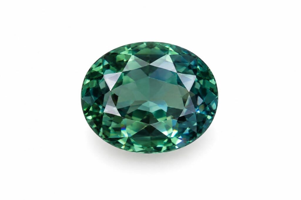 Loose oval-cut alexandrite showing a vivid green colour in soft daylight on a white background