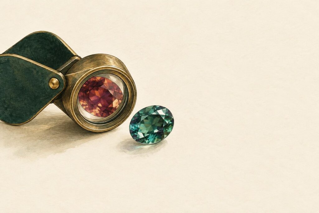 Jeweller's loupe and loose alexandrite gemstone showing colour change from green to red under different lighting conditions.