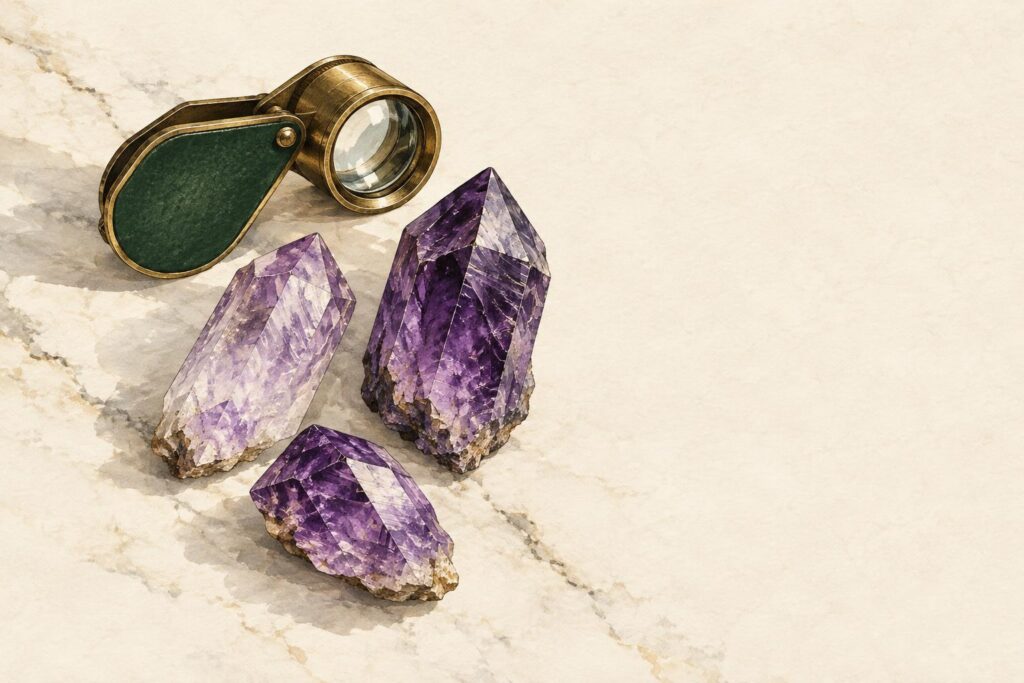 Jeweller's loupe examining three amethyst crystals showing different purple shades and clarity levels.