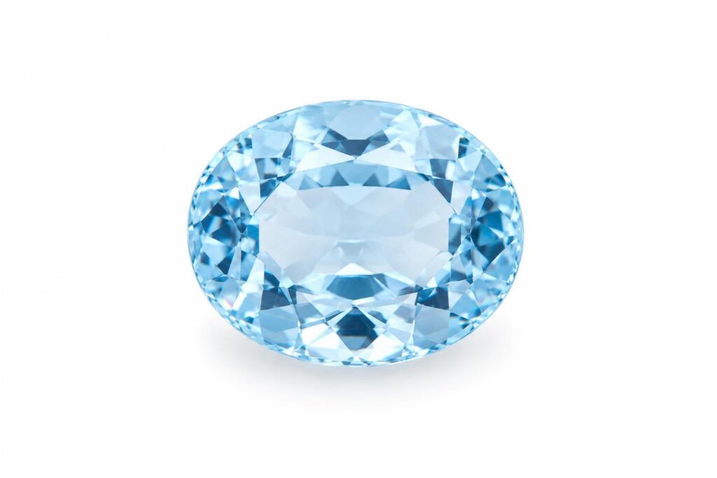 Light pastel pure blue oval aquamarine with no green tint on white