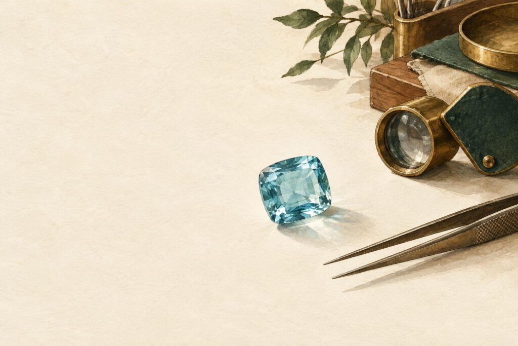 Loose aquamarine gemstone on a jeweller's workbench with magnification tools, showing its translucent blue colour and clarity.