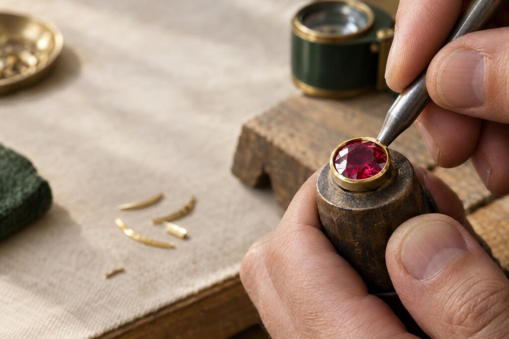Jeweller pressing a gold bezel rim over a ruby with a steel pusher at a bench