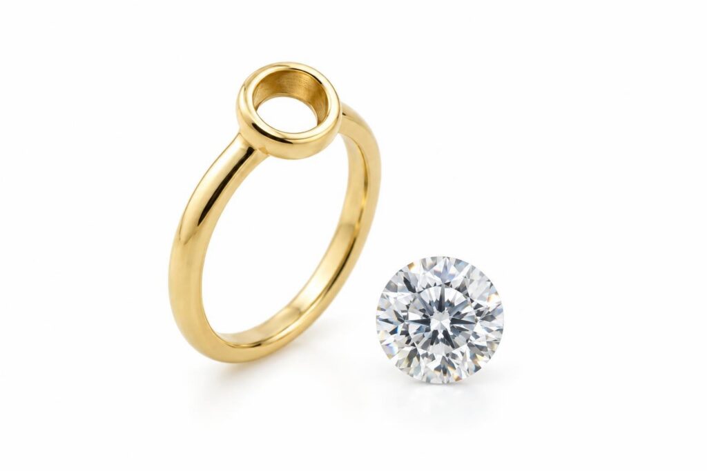 Small gold rim shaped to fit, beside a loose round diamond of matching size