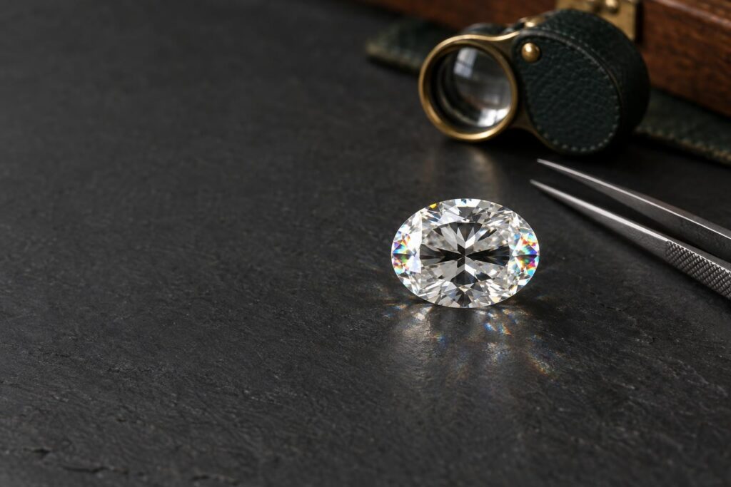Loose oval diamond with a dark bow-tie band across its centre on slate, with a loupe and tweezers nearby