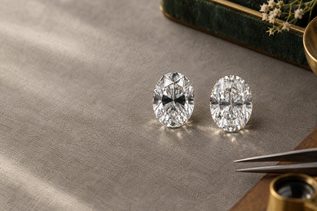 Two oval diamonds side by side, one with a heavy dark bow-tie and one with a faint, narrow bow-tie