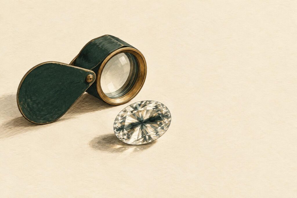 Oval diamond with dark bow-tie effect visible across its centre, examined with a jeweller's loupe.