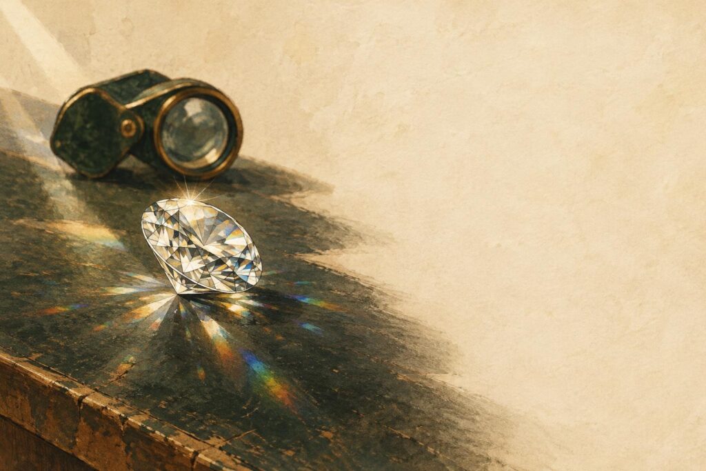 Loose diamond on a jeweller's bench, catching light with white sparkles and rainbow colours refracting through its facets.