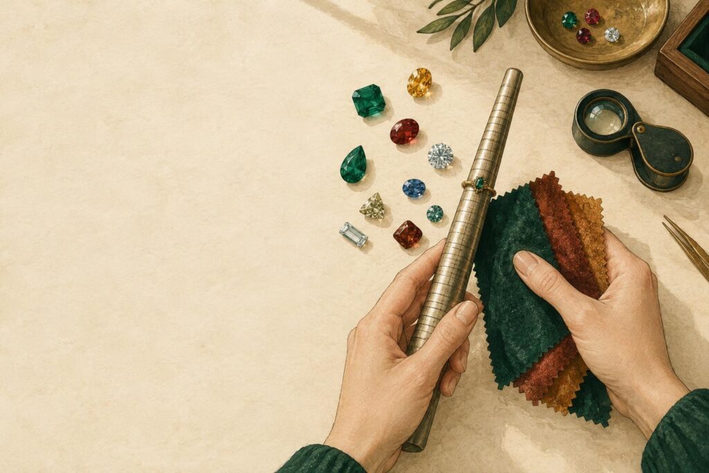Jeweller's hands examining a ring mandrel with loose gemstones and fabric swatches on a work surface.