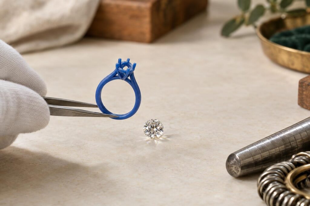 Gloved hand holding a resin ring model with tweezers next to a round brilliant stone, ring mandrel and sizing gauge