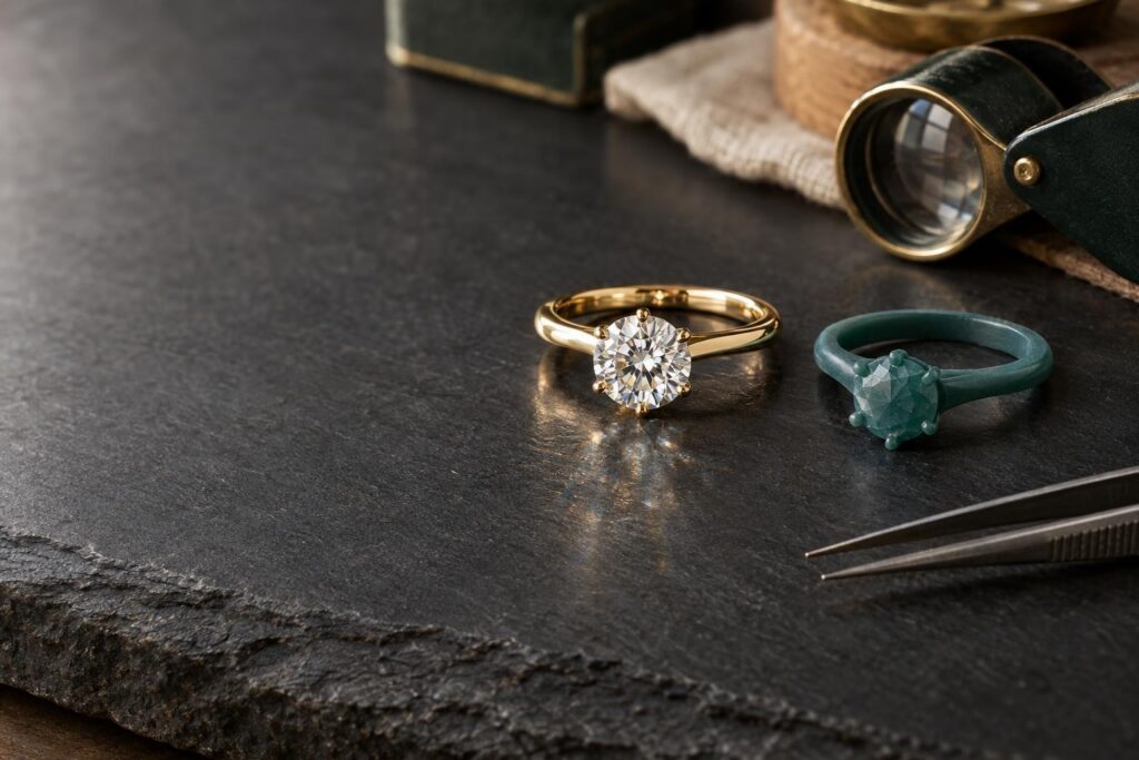 Finished gold diamond solitaire ring beside a 3D-printed model of the same design on a slate jeweller's bench