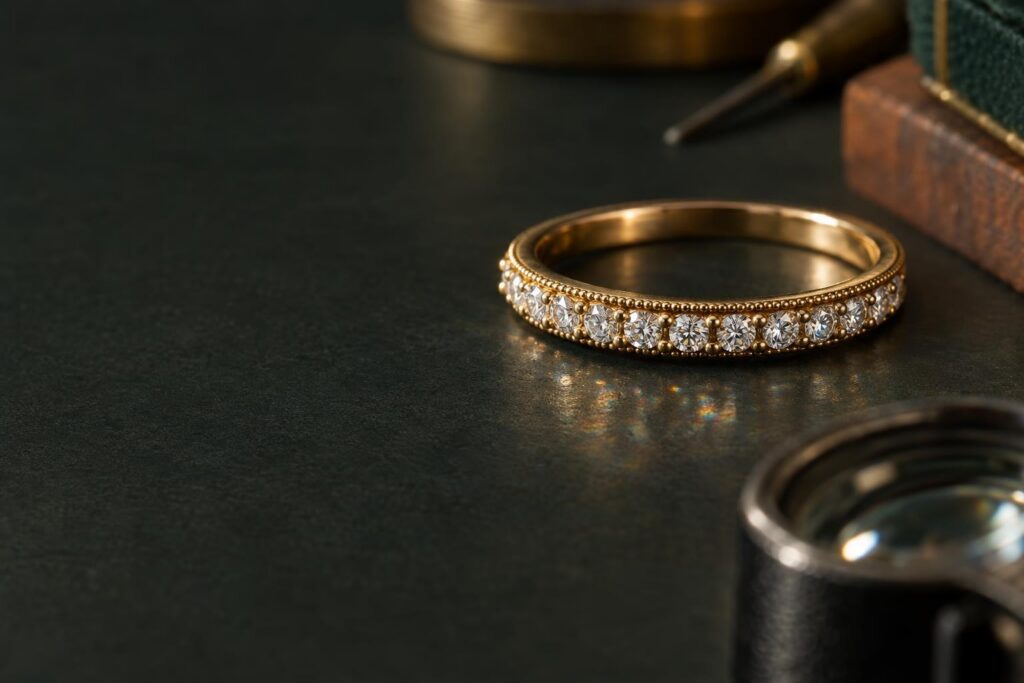 Macro close-up of a gold ring with millgrain edge and fine claws holding a round brilliant diamond
