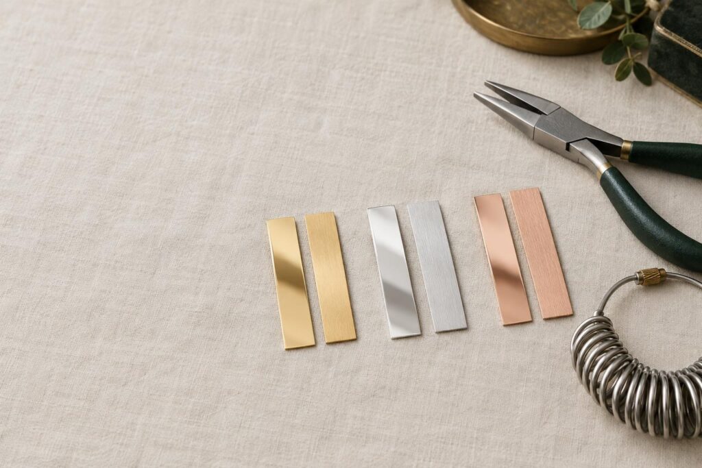 Swatches of yellow, white and rose gold sheet with pliers and a ring sizing gauge on linen