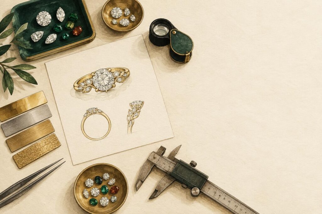 Jeweller's bench with printed 3D ring render, loose gemstones, metal samples, and jewelry tools arranged side by side