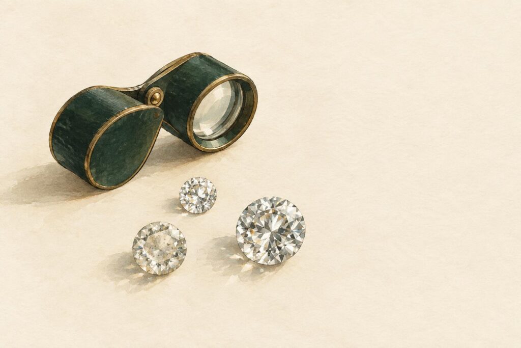 Jeweller's loupe next to three loose diamonds showing different grades and sparkle on a white surface