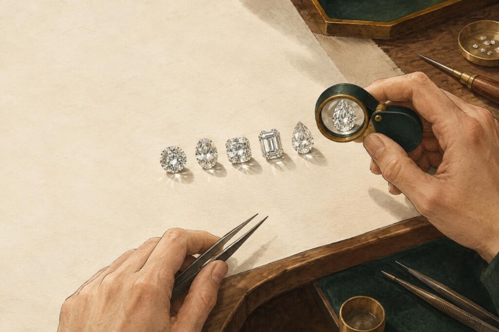 Loose diamonds in various cuts arranged on a jeweller's workbench, viewed through a loupe, showing light reflection differences.