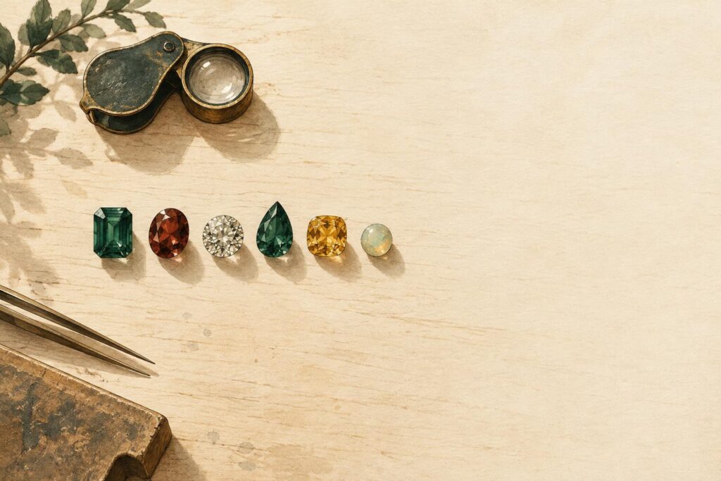Six loose gemstones arranged in progression on a jeweller's workbench with a loupe nearby, representing decision-making steps.