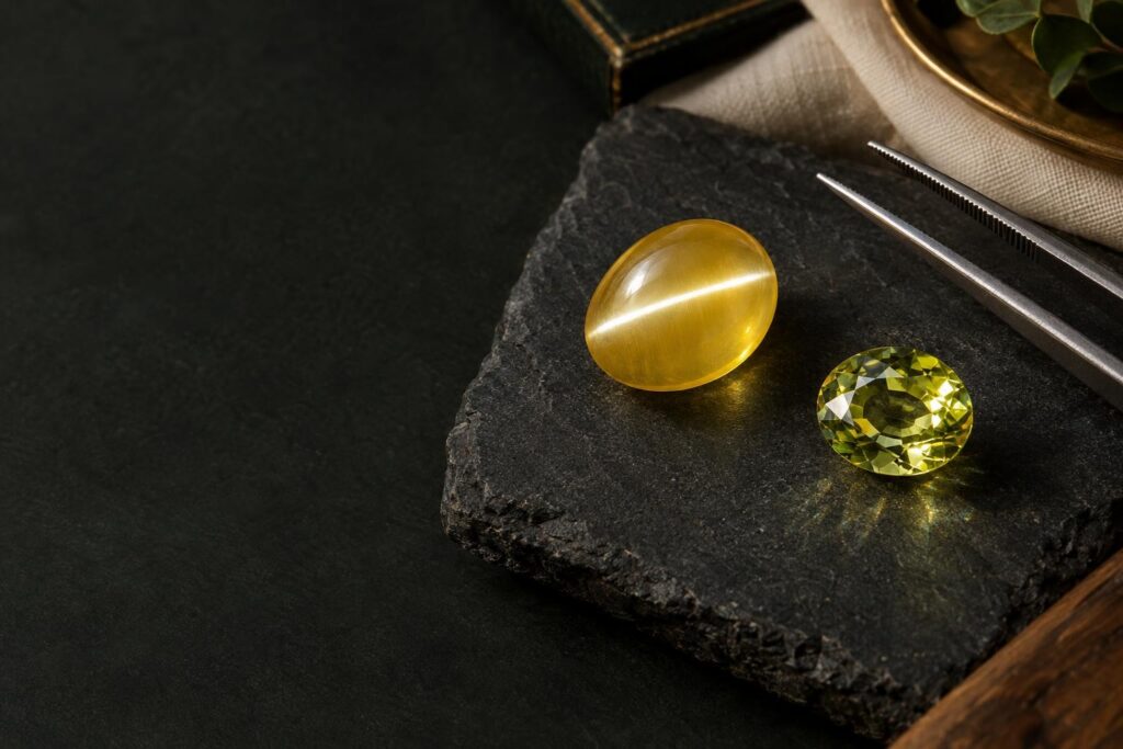 Honey-yellow chrysoberyl cat's-eye cabochon with a sharp light line beside a faceted greenish-yellow chrysoberyl on slate