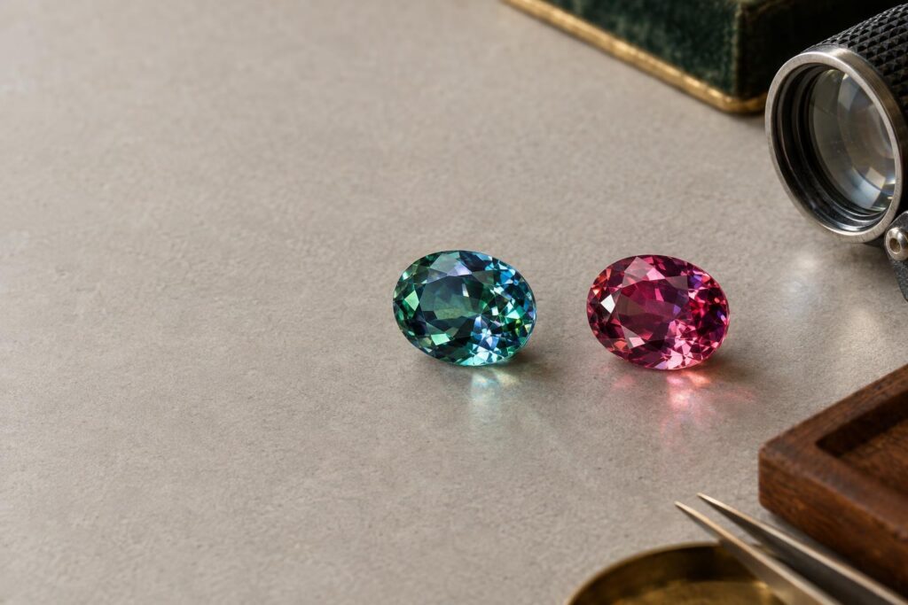 Two oval alexandrite stones, one bluish-green in cool light and one raspberry-red in warm light, with a loupe