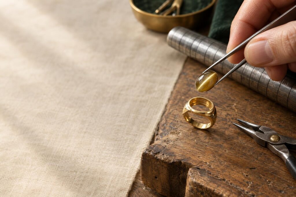 Tweezers placing a chrysoberyl cat's-eye cabochon toward a gold bezel setting on a jeweller's bench