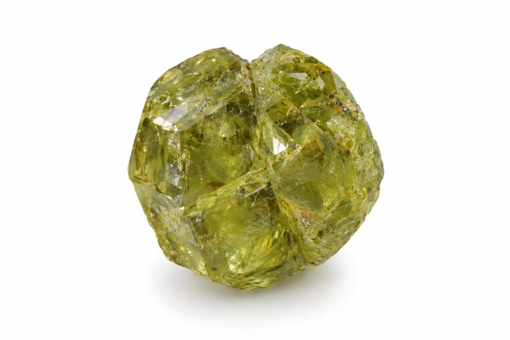 Rough twinned chrysoberyl crystal with a roughly six-sided outline on white