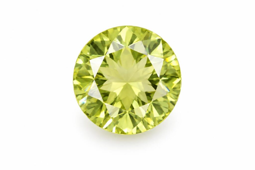 Faceted round citrine in a lime-tinted greenish yellow on white