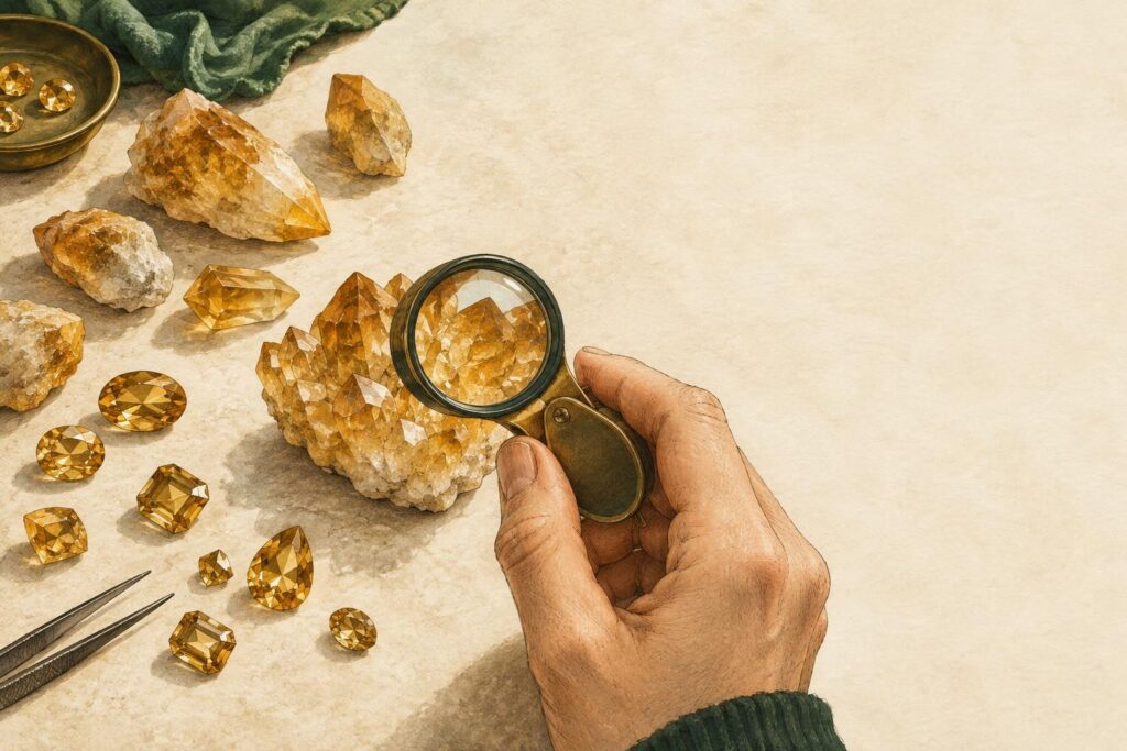 Jeweller examining golden citrine crystals through a loupe on a workbench surrounded by rough and polished stones