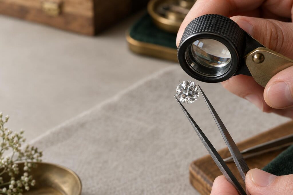 Grader's hand examining a loose diamond through a 10x loupe, with an inclusion near the girdle visible