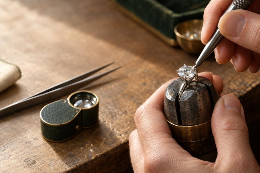 Setter's hands pushing a claw tip over a round diamond in a ring held in a clamp at a jeweller's bench