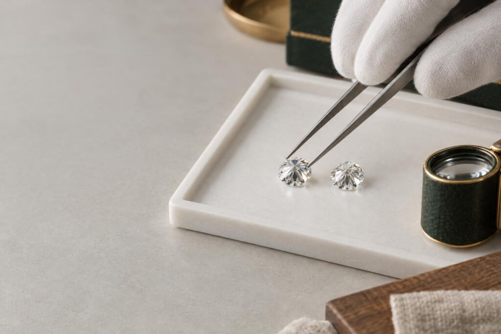 Tweezers placing a loose diamond table down beside a reference stone on a white grading tray