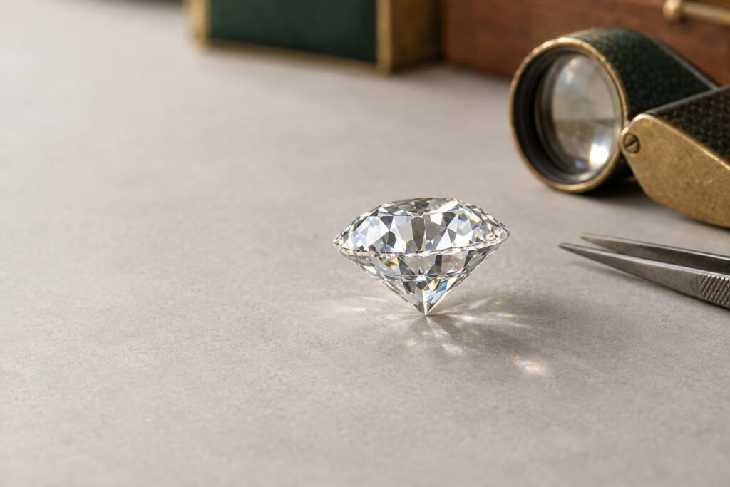 Side profile of a round brilliant diamond showing the crown above the girdle and the pavilion below
