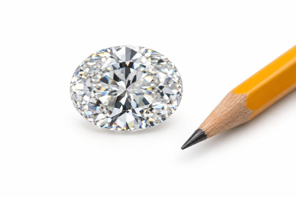 Loose faceted oval gemstone beside a pencil on a white surface