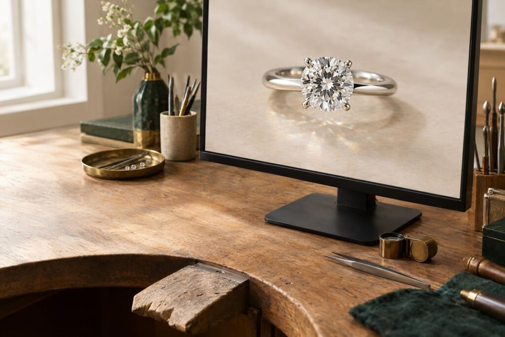Monitor on a workbench showing a 3D render of a solitaire ring with slim prongs
