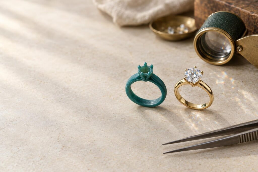 Wax ring model beside a finished gold solitaire ring with a round diamond on a jeweller's bench
