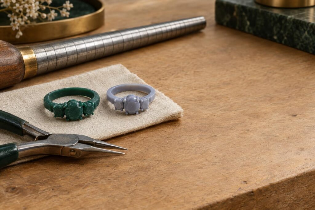 Wax and 3D-printed ring patterns beside a ring mandrel and pliers on a jeweller's bench