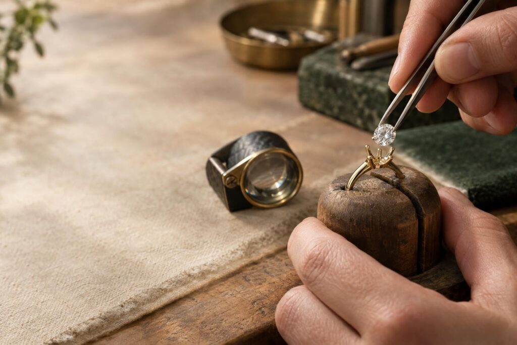 Hands setting a round diamond into a gold semi-mount ring with tweezers at a bench