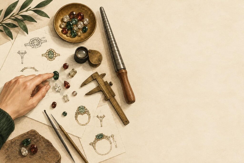 Jeweller's workbench with loose gems, sketches, and design tools on one side; calm space opposite.