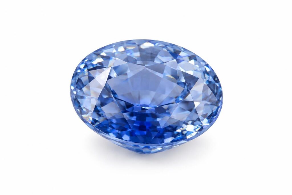 Pale blue oval gemstone cut deep with a small table, looking darker in colour