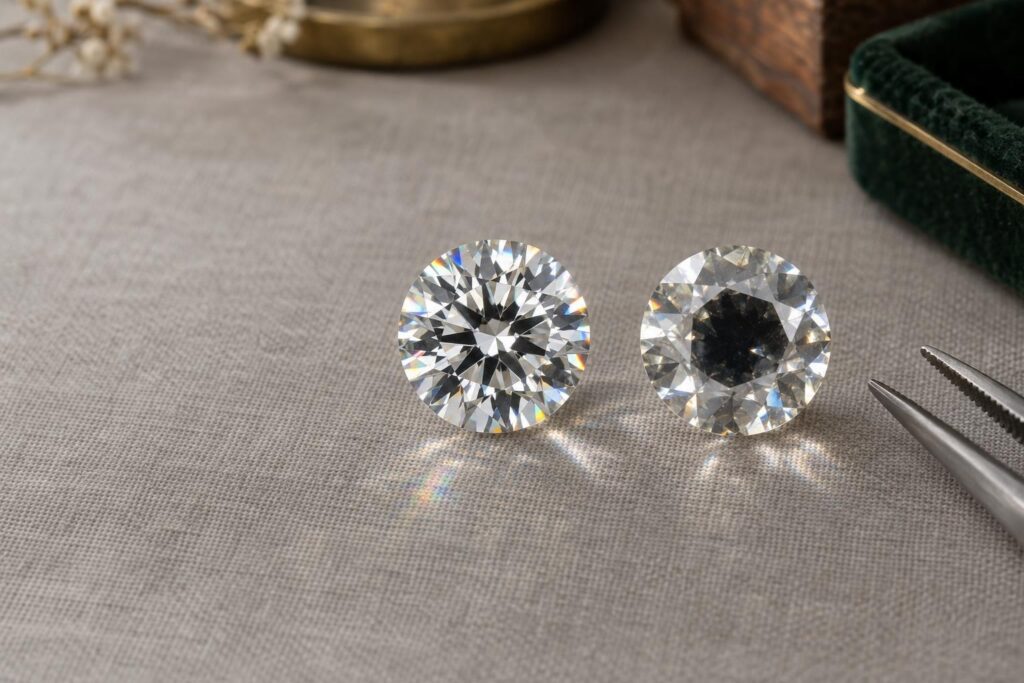 Two round diamonds compared, one brilliant and sparkling, one dull from a poor cut