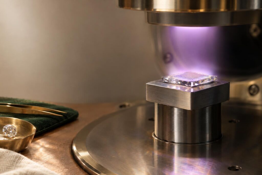 Diamond seed plate on a metal holder under a glowing plasma in a CVD growth chamber