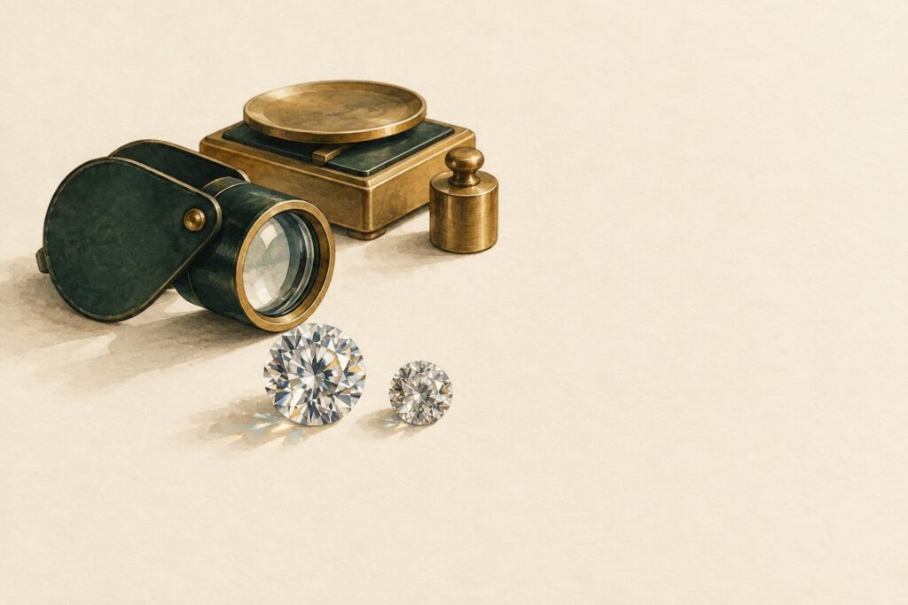 Two round loose diamonds of different apparent sizes next to a jeweller's loupe and scale on a white surface.
