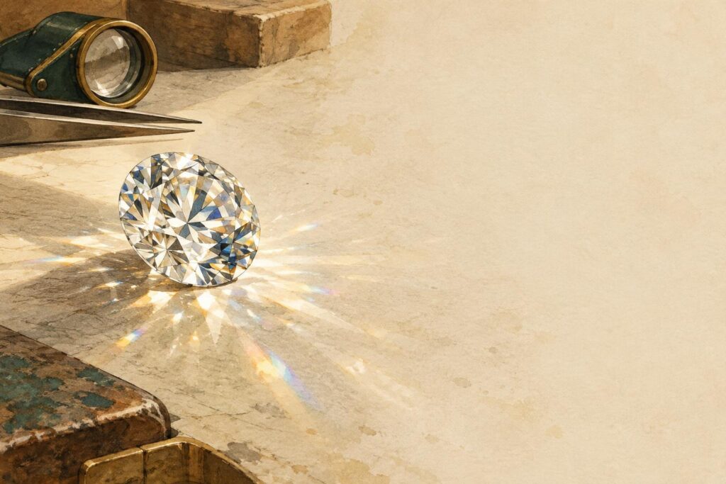 A loose diamond reflecting light with bright sparkles and rainbow fire dispersing from its facets on a jeweller's work surface.