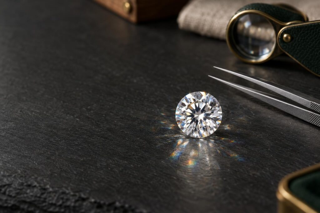 Loose colourless round brilliant diamond on slate with tweezers and loupe, light flashing across its facets