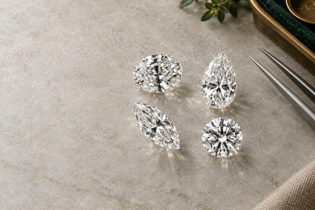 Oval, pear and marquise diamonds beside a round brilliant on grey stone, showing different facet patterns