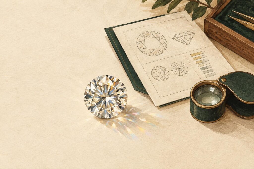 Loose round diamond on jeweller's bench with light reflecting through its facets, loupe and grading report nearby.