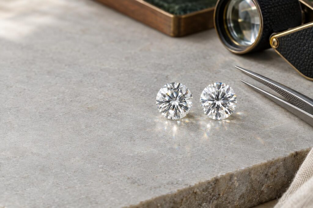 Two near-identical loose round brilliant diamonds side by side on grey stone with tweezers and a loupe