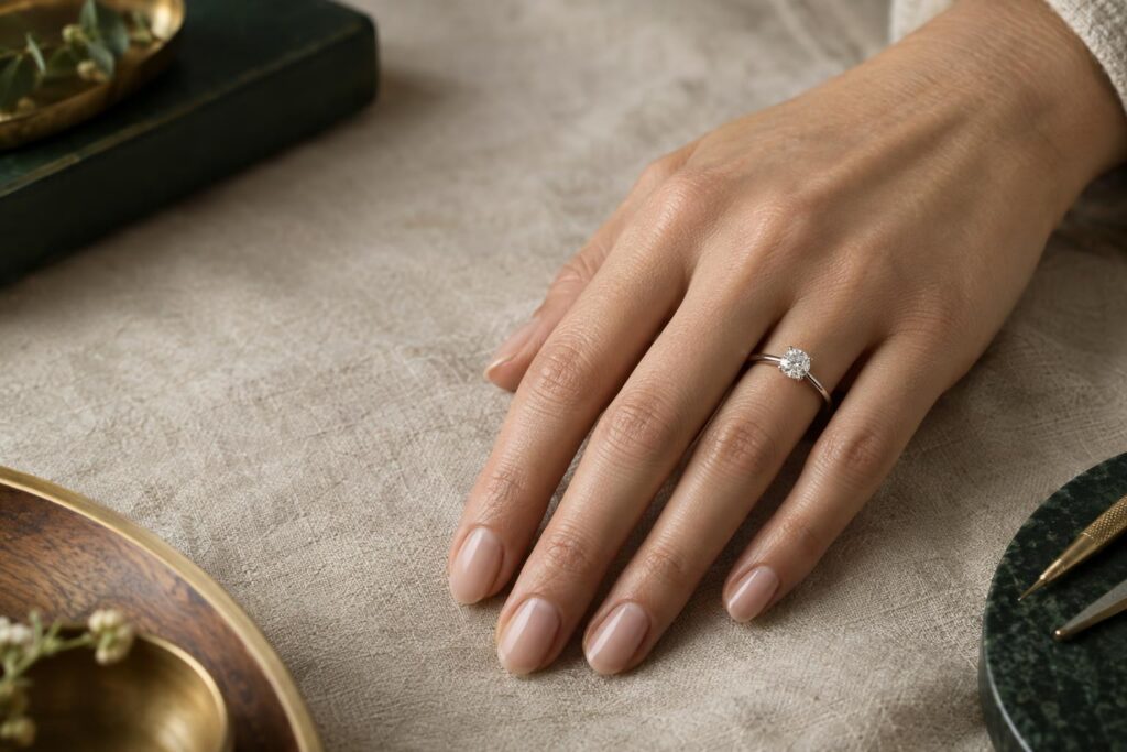 Hand wearing a round brilliant diamond solitaire ring in a four-claw setting on a linen cloth