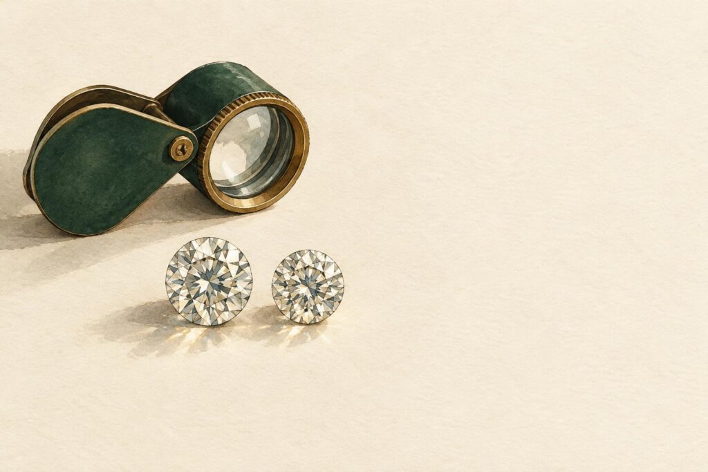 Two loose round diamonds of similar appearance positioned side by side on a white surface with a jeweller's loupe nearby.