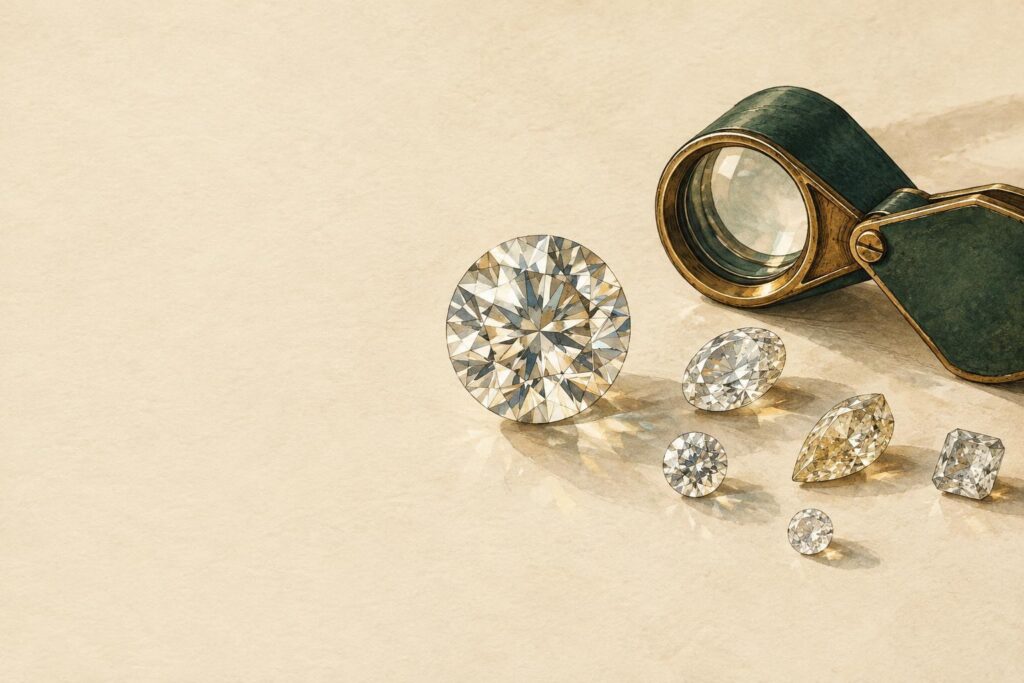 Jeweller's loupe and loose diamonds of different sizes arranged on a work surface, showing varying clarity and light refraction.